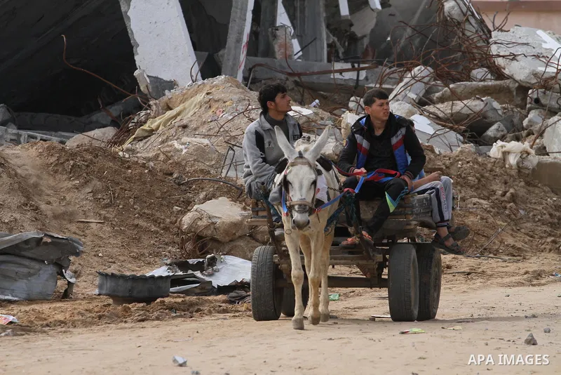 Palestinian workers ride a donkey cart as they collect iron bars and stones from the rubbles of houses that witnesses said were destroyed by Israeli shelling during the most recent conflict between Israel and Hamas, to b...