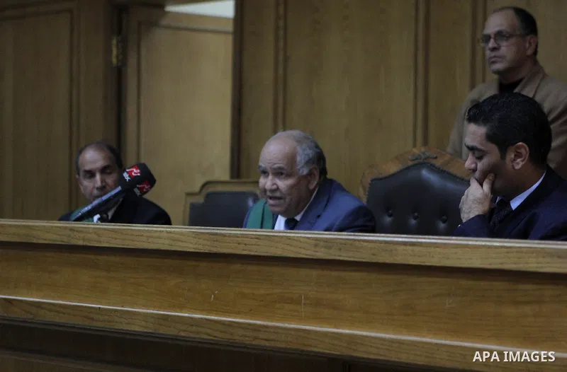 Egyptian Judges attend the trial of Egyptian businessman Ahmed Ezz, in a case known in media as "Iron permits", in Cairo on March 03, 2015. According to prosecutors, Ezz, a close ally of former President Hosni Mubarak an...