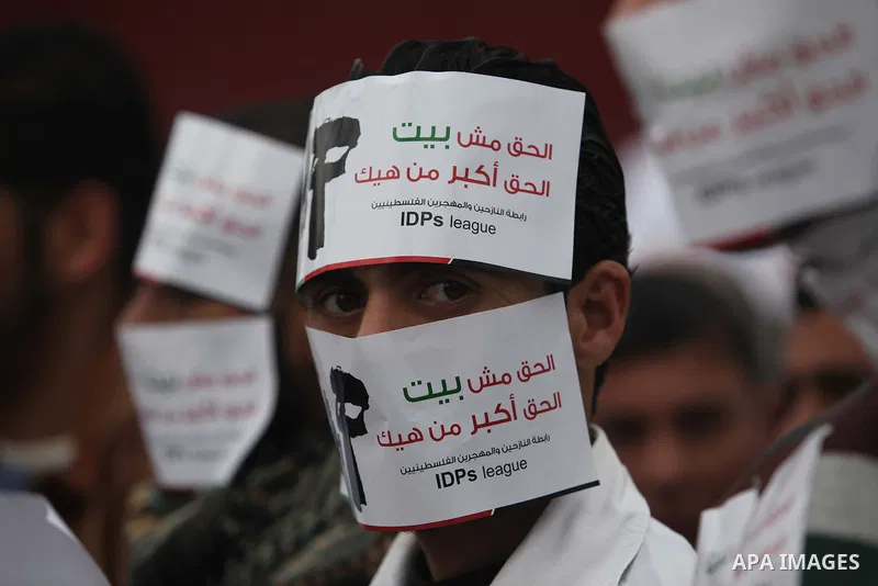 Palestinian owners of houses which were destroyed during the recent Israeli war, take part in a rally demanding for reconstruction of their houses, in Gaza city, on March 04, 2015. At least 100,000 Palestinians are still...