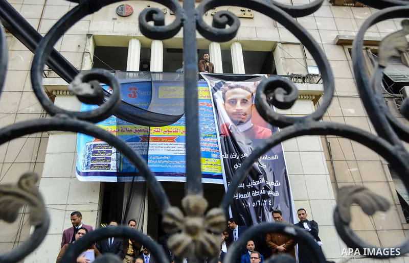 Egyptian lawyers shout slogans against the Interior Ministry during a protest in front of the Lawyers' Syndicate headquarters in Cairo, March 05, 2015, after the death of lawyer Karim Hamdy in the Police Department last...