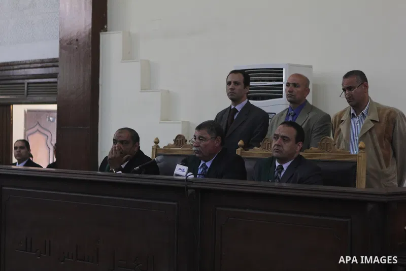 Egyptian Judges attend the trial of the Marriott terror cell case in Cairo on March 8, 2015. The court adjourned the retrial of two Al-Jazeera journalists, including Fahmy, freed on bail after more than 400 days in priso...