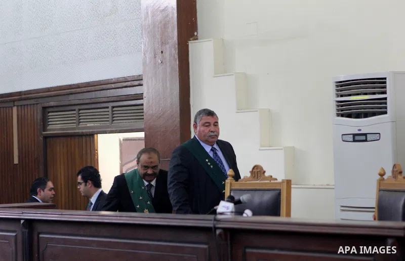 Egyptian Judges attend the trial of the Marriott terror cell case in Cairo on March 8, 2015. The court adjourned the retrial of two Al-Jazeera journalists, including Fahmy, freed on bail after more than 400 days in priso...