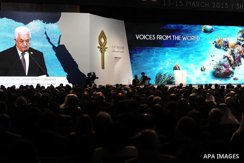 Palestinian President, Mahmoud Abbas speaks during the opening of the Egypt Economic Development Conference (EEDC) in Sharm el-Sheikh, in the South Sinai governorate, about 550 km (342 miles) south of Cairo, in this Marc...