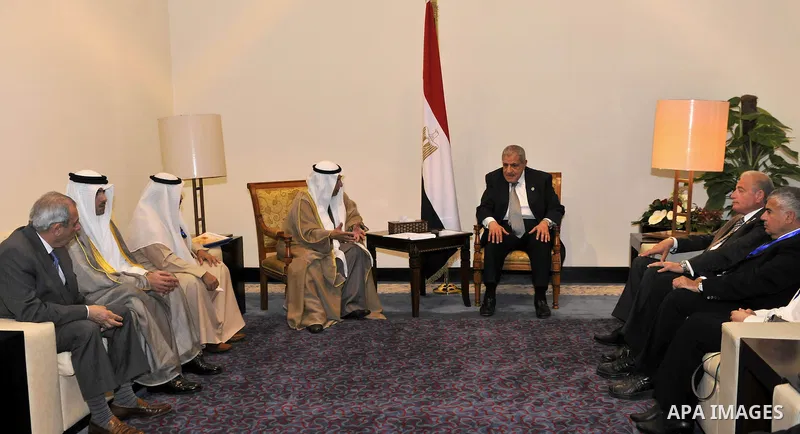 Egyptian Prime Minister Ibrahim Mehleb meets with Kuwaiti Minister of Finance, at the Congress Hall where Egypt Economic Development Conference (EEDC), in Sharm el Sheikh, South Sinai in Egypt, on March 14, 2015. Gulf Ar...
