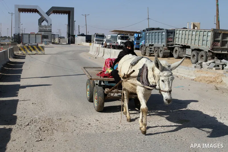 A Palestinian Bedouin rides a donkey cart as trucks wait to enter the Kerem Shalom crossing in Rafah in southern Gaza Strip, on March 15, 2015. Gaza's agricultural sector, once a key revenue source, has for eight years b...