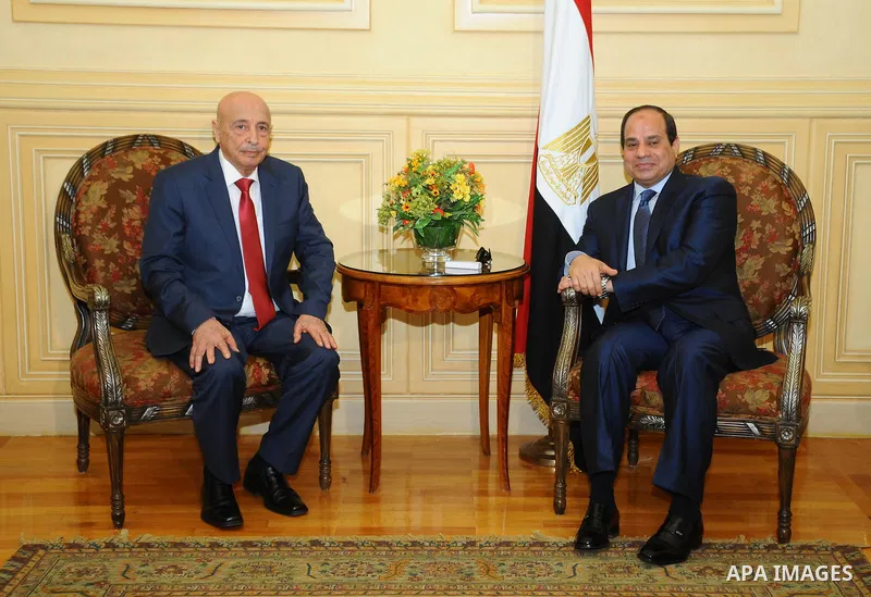 A handout picture made available by the Egyptian presidency shows Egyptian President Abdel Fattah al-Sisi meets with President of the Libyan House of Representative Aguila Saleh in Sharm El-Sheikh on March 27, 2015, ahea...