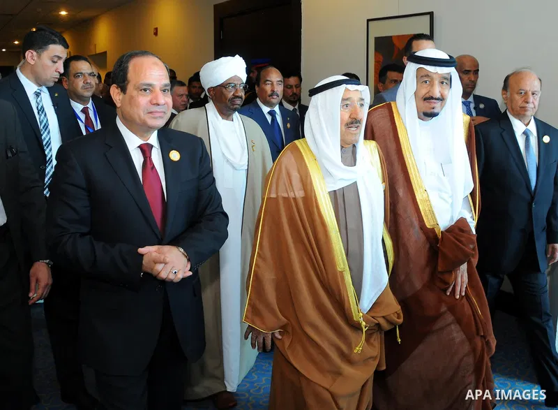 Egyptian President Abdel Fattah al-Sisi receives Saudi King Salman upon his arrival ahead of the Arab Summit in Sharm el-Sheikh, in the South Sinai governorate, south of Cairo, March 28, 2015. Arab League heads of state...