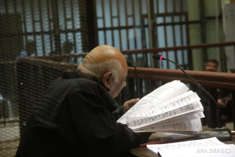 A lawyer speaks to judges during the trial of suspects in the 'Port Said Massacre' case in Cairo on April 6, 2015. The defendants were originally given sentences ranging from 15 years to life in prison. They were convict...