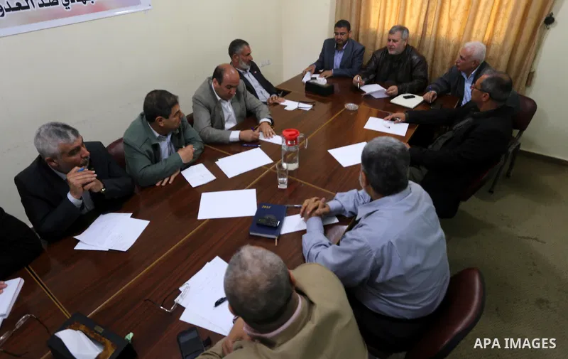 Leaders of Palestinian factions and parties attend the national and Islamic forces meeting, in Gaza city on April 6, 2015. Photo by Mohammed Asad