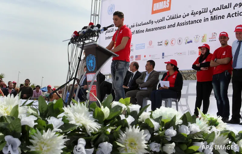 Palestinian Arab Idol Mohammed Assaf, speaks during an event organized by United Nations at a U.N-run training center in Khan Younis in the southern Gaza Strip April 8, 2015. The event was aimed at raising awareness on t...