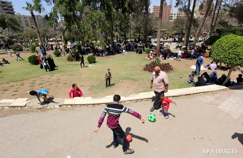 Egyptian children play at the Jabanese botanical garden in Helwan city, north of Cairo on April 13, 2015. Egyptians celebrate the Sham El Nessim, or the Festival of Spring Breeze, which marks the beginning of spring. Pho...