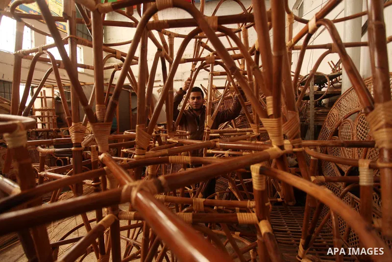 A Palestinian man sorts bamboo charis at a workshop in Gaza city on April 16, 2015. Bamboo is a product of southeast Asian countries and before the Israeli blockade of the Gaza Strip, Gaza traders used to bring it in to...
