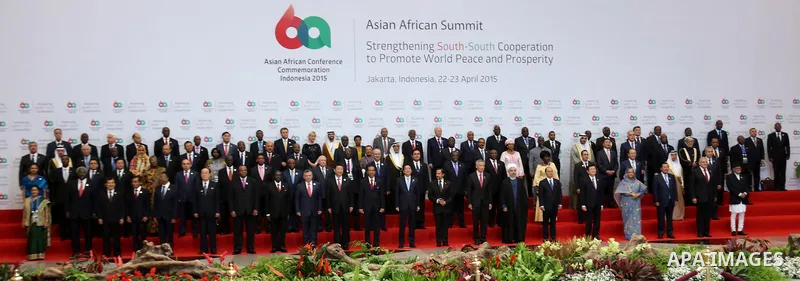 Palestinian Prime Minister Rami Hamdallah and other leaders and representatives pose for a group photo at the opening ceremony of the Asian-African Summit in Jakarta, capital of Indonesia, April 22, 2015. Photo by Prime...