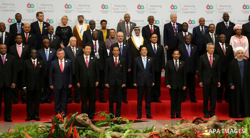 Palestinian Prime Minister Rami Hamdallah and other leaders and representatives pose for a group photo at the opening ceremony of the Asian-African Summit in Jakarta, capital of Indonesia, April 22, 2015. Photo by Prime...