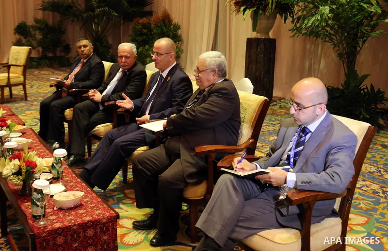 Palestinian Prime Minister Rami Hamdallah during a meeting after the Asian African Conference in Jakarta April 22, 2015. The 60th Asian-African Conference is held in Jakarta and Bandung from 19 to 24 April 2015. Photo by...