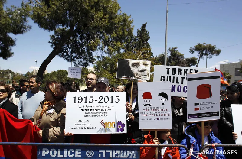 Armenians demonstrate in front of the Turkish consulate to commemorate the 100th anniversary of the 1915 Armenian genocide, in Jerusalem April 24, 2015. Historians estimate up to 1.5 million Armenians were killed by Otto...