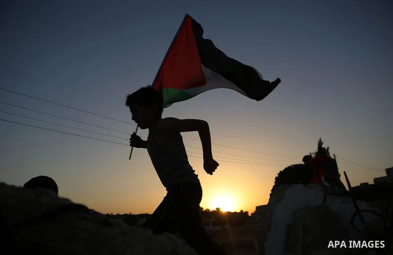 A Palestinian boy waves his national flag over debris of a house that was demolished by Israeli army early today, in the West Bank village of Nabi Saleh, near Ramallah, April 28, 2015. Israeli forces raided the village e...