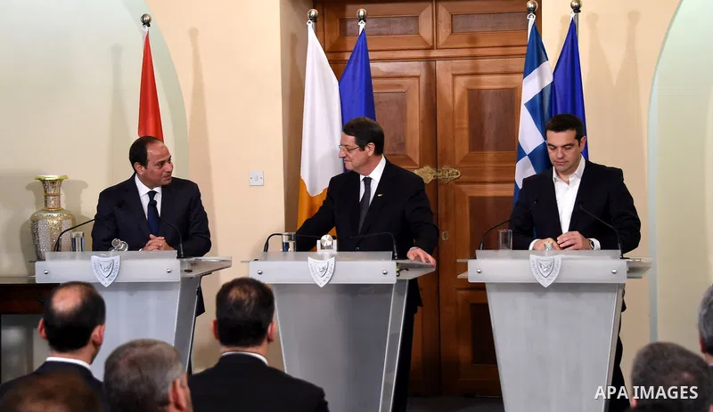 President of the Republic of Cyprus, Nikos Anastasiades (C), Egyptian President Abdel Fattah al-Sisi (L) and Greek Prime Minister Alexis Tsipras (R), attend their press conference in Nicosia, Cyprus 29 April 2015. Cyprus...