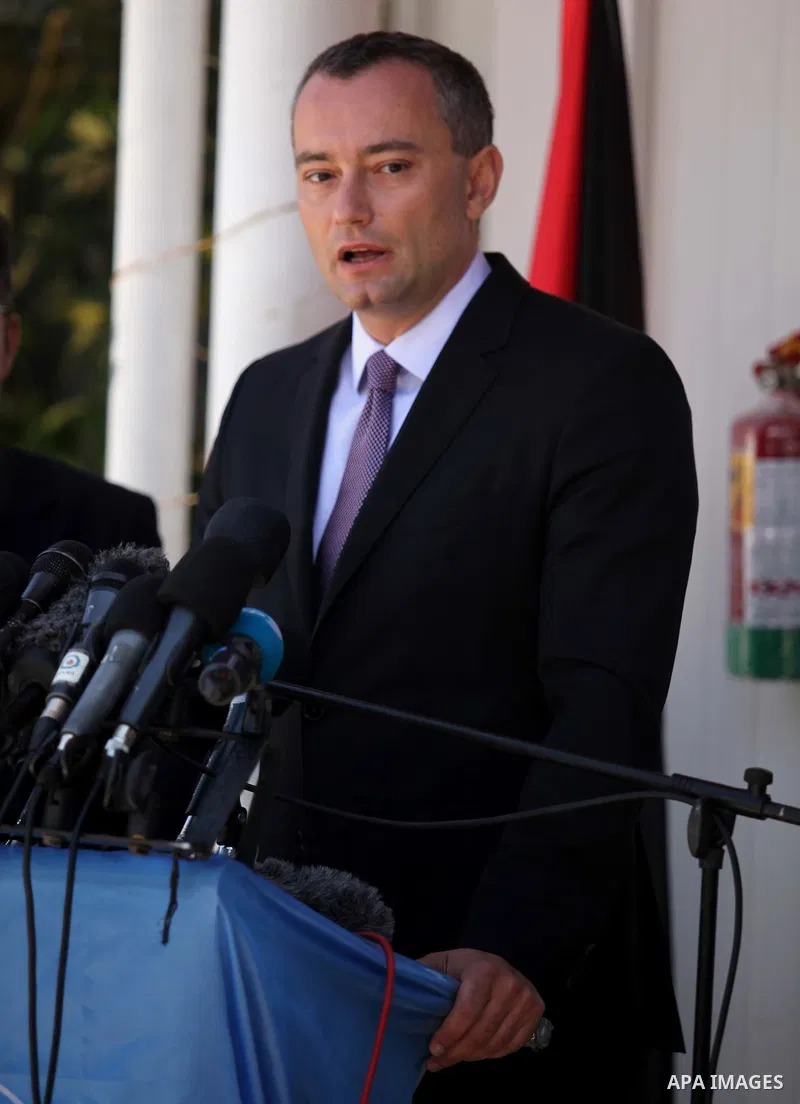 United Nations' new Middle East peace envoy, Nickolay Mladenov speaks during a press conference on April 30, 2015 in Gaza city. Mladenov, who was appointed in February, urged Palestinian factions to unite and Israel to l...