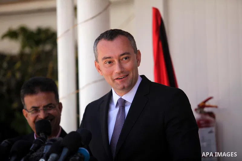 United Nations' new Middle East peace envoy, Nickolay Mladenov speaks during a press conference on April 30, 2015 in Gaza city. Mladenov, who was appointed in February, urged Palestinian factions to unite and Israel to l...