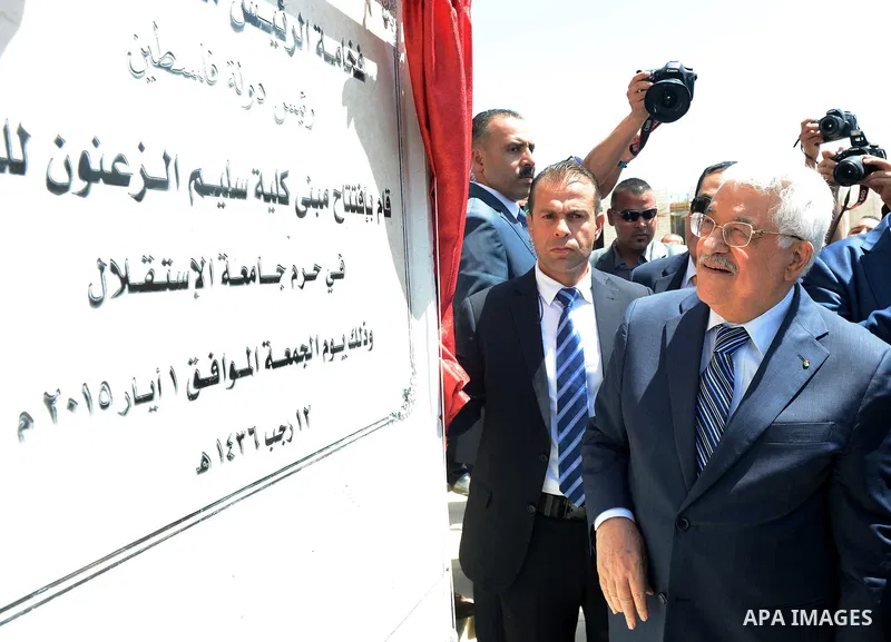 Palestinian President Mahmoud Abbas attends an opening ceremony, at al-Istiqlal University in the West Bank city of Jericho on May 1, 2015. Photo by Osama Falah