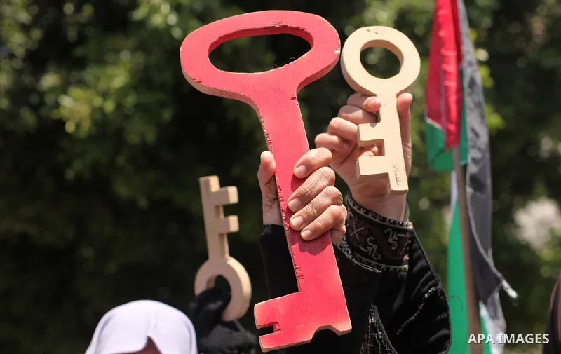 Palestinian women, supporters of the Hamas movement, take part in a demonstration ahead of the commemorations of the 67th anniversary of the "Nakba", in front of the office of the High Commissioner for Human Rights in Ga...