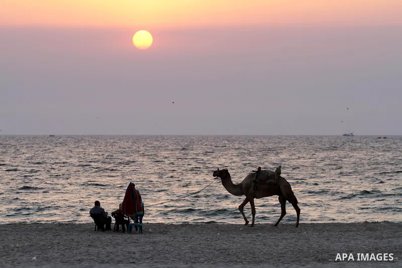 Palestinians enjoy their time during sunset at the beach of Gaza sea on May 9, 2015. Photo by Mohammed Asad