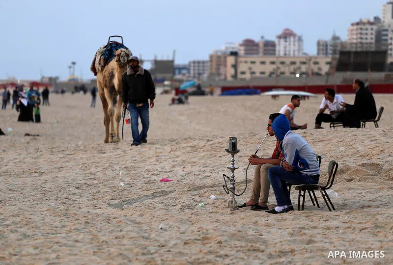 Palestinians enjoy their time during sunset at the beach of Gaza sea on May 9, 2015. Photo by Mohammed Asad