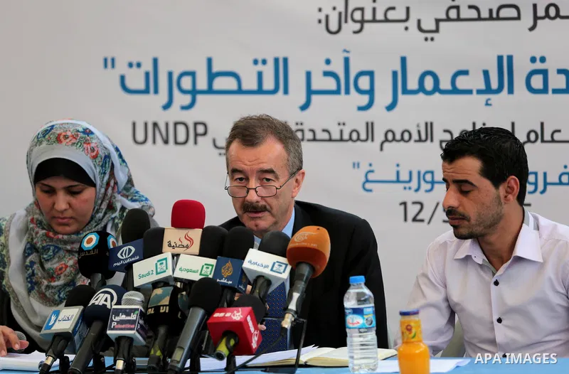 UNDP’s Special Representative of the Administrator, Frode Mauring. speaks during a press conference, in Gaza city on May 12, 2015. Photo by Yasser Qudih