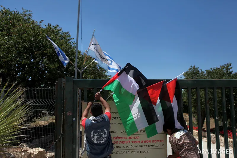 Palestinian activities and Foreign take part a protest against an Israeli decision to demolish the village of Susia outside the West Bank village of Yatta in southern of Hebron, on May 16, 2015. Palestinians are not allo...