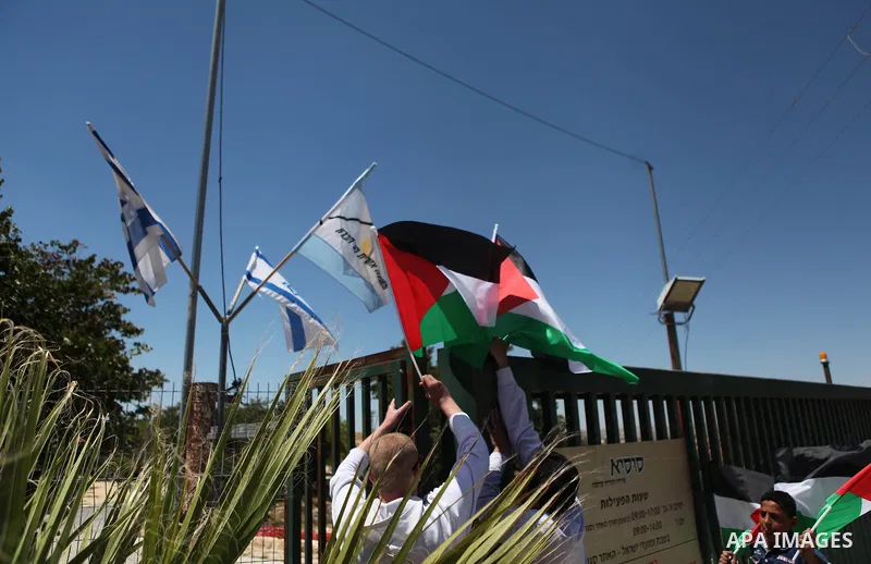 Palestinian activities and Foreign take part a protest against an Israeli decision to demolish the village of Susia outside the West Bank village of Yatta in southern of Hebron, on May 16, 2015. Palestinians are not allo...