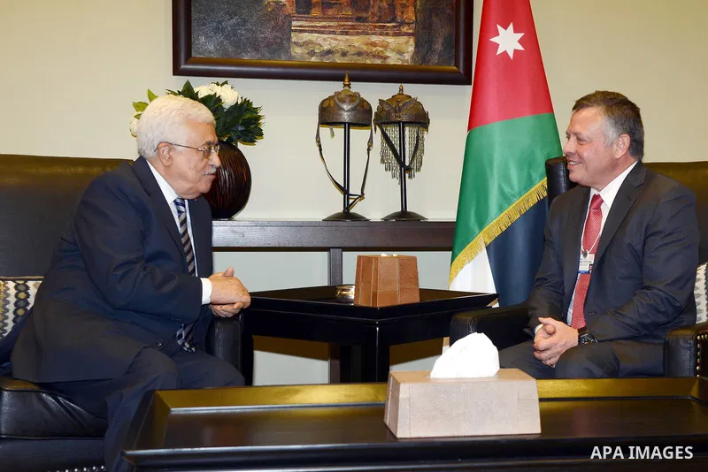 Palestinian President Mahmoud Abbas meets with King of Jordan, Abdullah II at the opening day of the World Economic Forum (WEF) on the Middle East and North Africa, in the Dead Sea resort of Shuneh, west of the capital J...