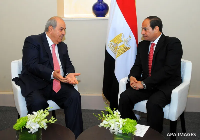 Egypt's President Abdel-Fattah el-Sissi meets with Deputy Iraqi President Iyad Allawi at the World Economic Forum at the King Hussien convention center, Southern Shuneh, Jordan, May 22, 2015. Abdel-Fattah el-Sissi, who h...