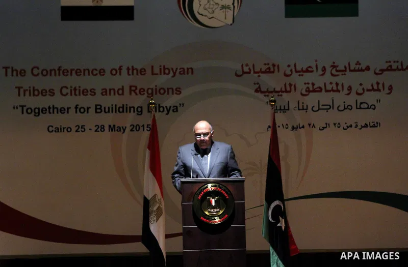 Egyptian Foreign Minister Sameh Shoukry delivers a speech during a confernece at the Cairo hotel in the capital Cairo, on May 25, 2015. A four-day meeting of Libyan tribal leaders opened earlier in the day with the aim o...