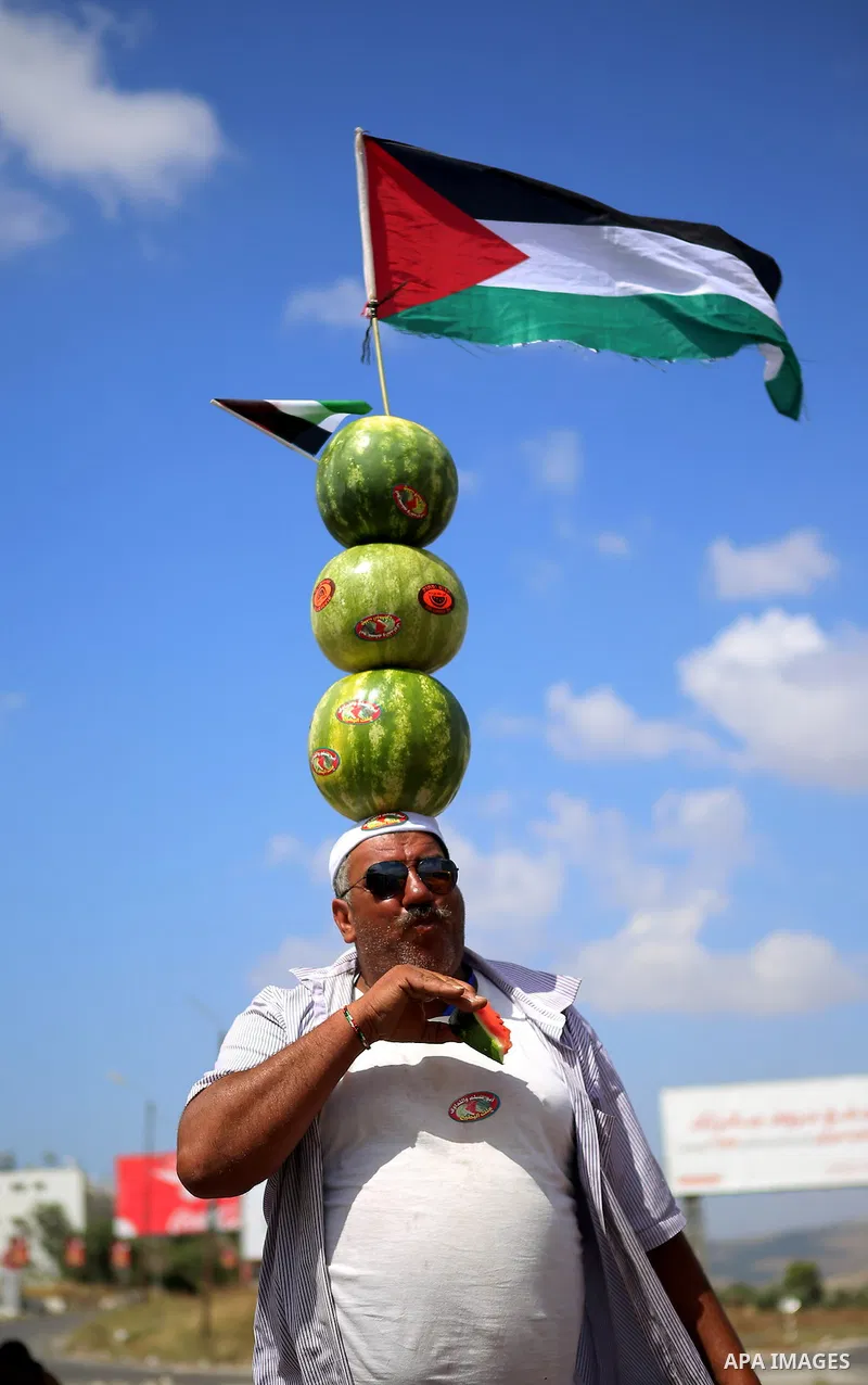 Palestinian fruit vendor Abu Haloom from Balata Refugee Camp balances large watermelons on his head trying to attract customers in a road between Nablus and Ramallah in the West Bank on May 30, 2015. Photo by Shadi Hatem