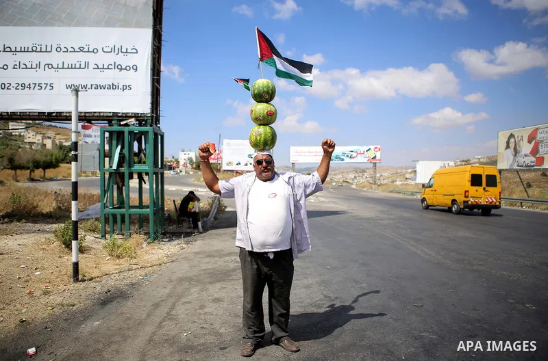Palestinian fruit vendor Abu Haloom from Balata Refugee Camp balances large watermelons on his head trying to attract customers in a road between Nablus and Ramallah in the West Bank on May 30, 2015. Photo by Shadi Hatem