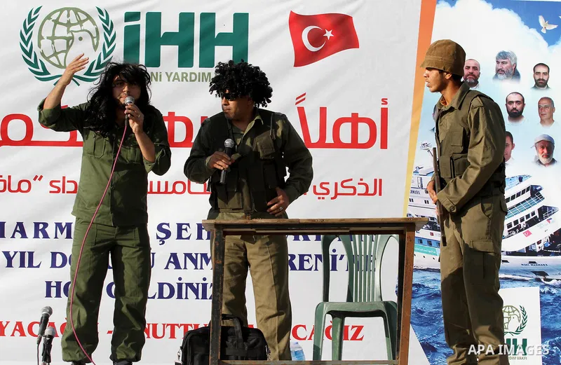 Palestinians take part a celebrate to mark the fifth anniversary of the Mavi Marmara Gaza flotilla incident, organized by the Turkish humanitarian relief IHH, at the seaport of Gaza City May 30, 2015. Eight Turks and a T...