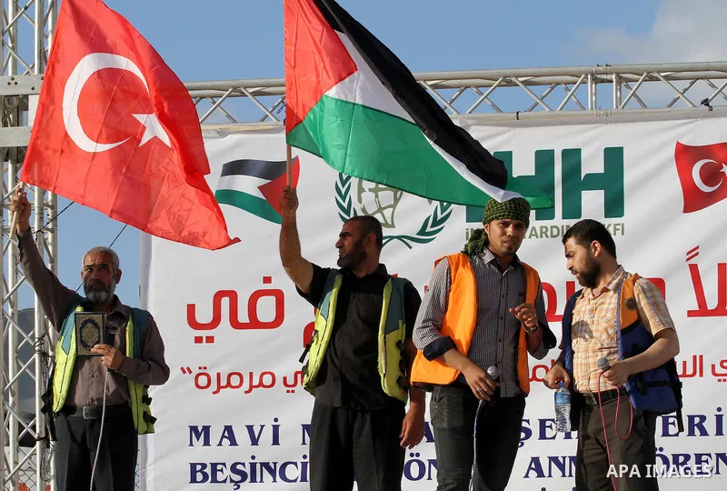 Palestinians take part a celebrate to mark the fifth anniversary of the Mavi Marmara Gaza flotilla incident, organized by the Turkish humanitarian relief IHH, at the seaport of Gaza City May 30, 2015. Eight Turks and a T...