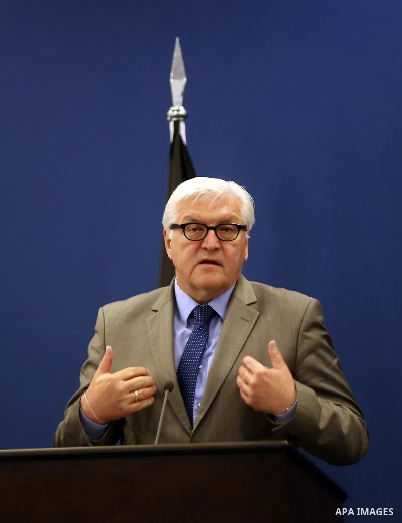 German Foreign Minister Frank-Walter Steinmeier gestures during a press conference with Palestinian Prime Minister Rami Hamdallah, in the West Bank City of Ramallah, 31 May 2015. Frank-Walter Steinmeier is on a two day v...