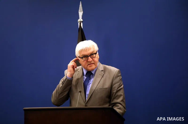 German Foreign Minister Frank-Walter Steinmeier gestures during a press conference with Palestinian Prime Minister Rami Hamdallah, in the West Bank City of Ramallah, 31 May 2015. Frank-Walter Steinmeier is on a two day v...
