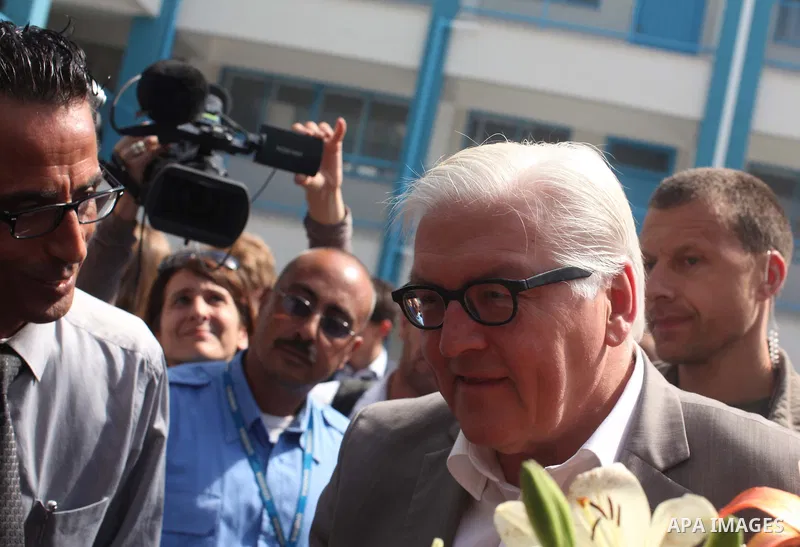 German Foreign Minister Frank-Walter Steinmeier visits a United Nations-run school in Gaza City, on June 1, 2015. Steinmeier is visiting the strip as part of a regional tour to assess peace prospects between Israelis and...