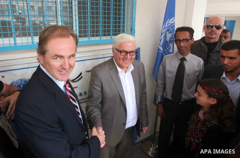 German Foreign Minister Frank-Walter Steinmeier visits a United Nations-run school in Gaza City, on June 1, 2015. Steinmeier is visiting the strip as part of a regional tour to assess peace prospects between Israelis and...