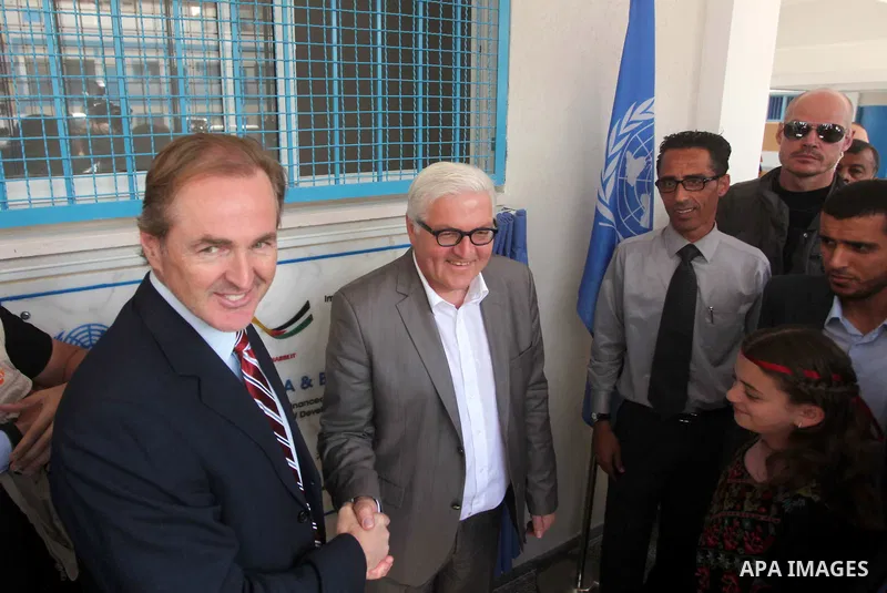 German Foreign Minister Frank-Walter Steinmeier visits a United Nations-run school in Gaza City, on June 1, 2015. Steinmeier is visiting the strip as part of a regional tour to assess peace prospects between Israelis and...