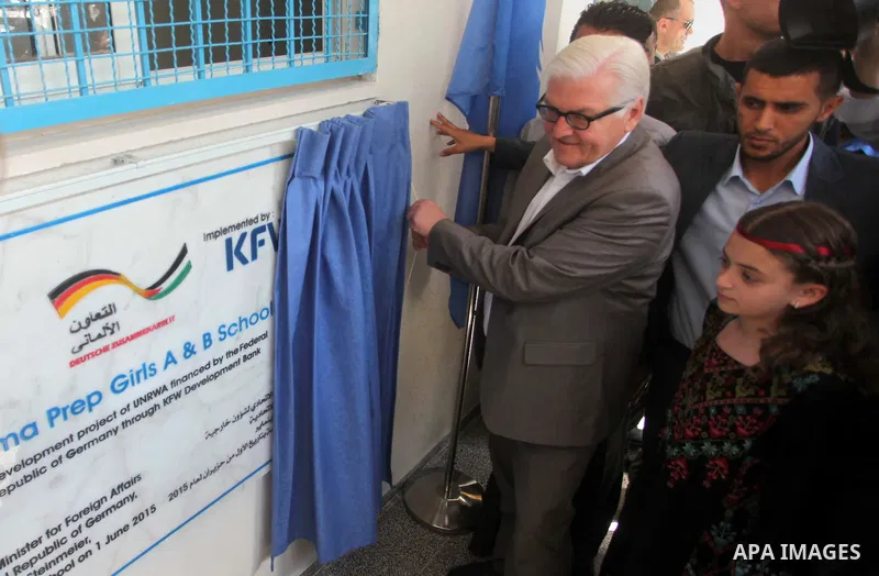 German Foreign Minister Frank-Walter Steinmeier visits a United Nations-run school in Gaza City, on June 1, 2015. Steinmeier is visiting the strip as part of a regional tour to assess peace prospects between Israelis and...