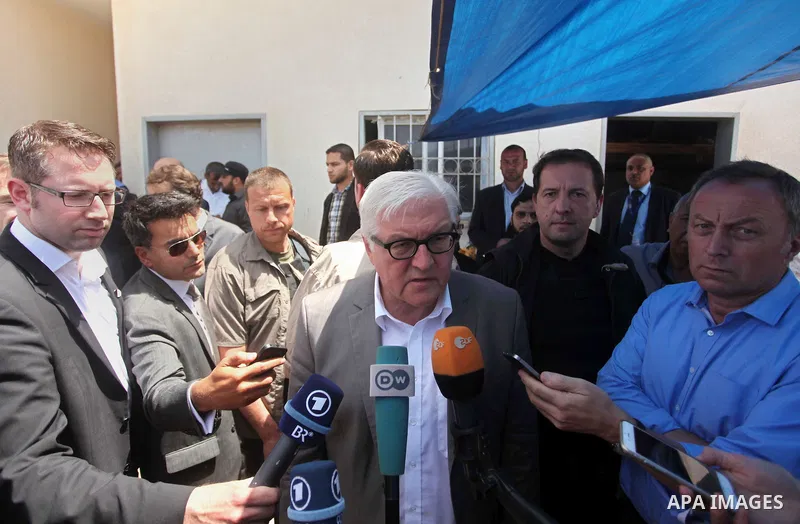 German Foreign Minister Frank-Walter Steinmeier speaks to media during his visit to destroyed rooms of Palestinian fishermen, damaged during Israeli Hamas conflict of 2014, in Gaza port, during his visit to Gaza City, 01...