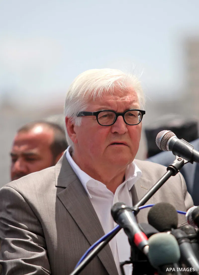 German Foreign Minister Frank-Walter Steinmeier speaks to media following his visit to destroyed rooms of Palestinian fishermen, damaged during Israeli Hamas conflict of 2014, in Gaza port, during his visit to Gaza City,...