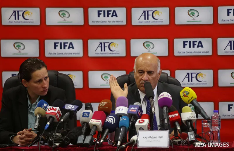 President of the Palestinian Football Association, Jibril Rajoub speaks during a press conference in the West Bank city of Ramallah on June 2, 2015. Photo by Shadi Hatem