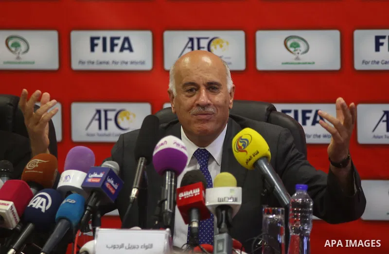 President of the Palestinian Football Association, Jibril Rajoub speaks during a press conference in the West Bank city of Ramallah on June 2, 2015. Photo by Shadi Hatem
