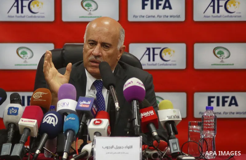 President of the Palestinian Football Association, Jibril Rajoub speaks during a press conference in the West Bank city of Ramallah on June 2, 2015. Photo by Shadi Hatem