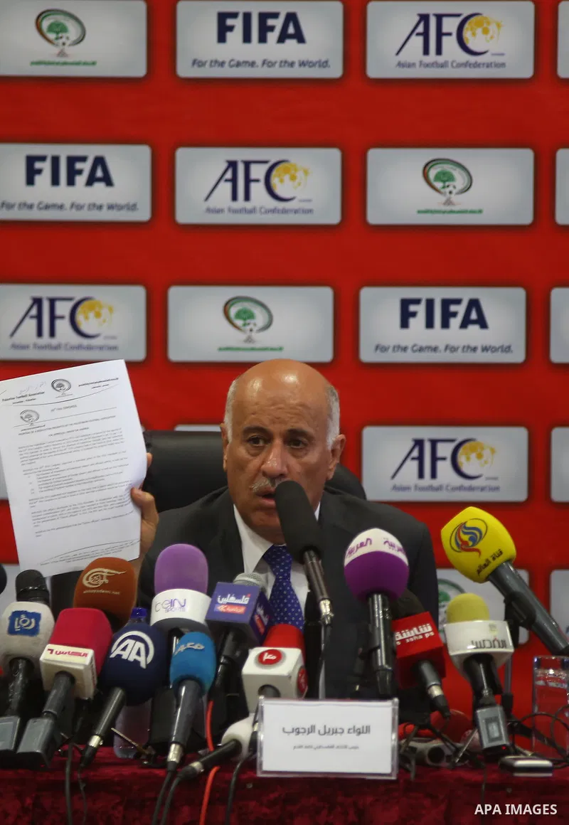 President of the Palestinian Football Association, Jibril Rajoub speaks during a press conference in the West Bank city of Ramallah on June 2, 2015. Photo by Shadi Hatem
